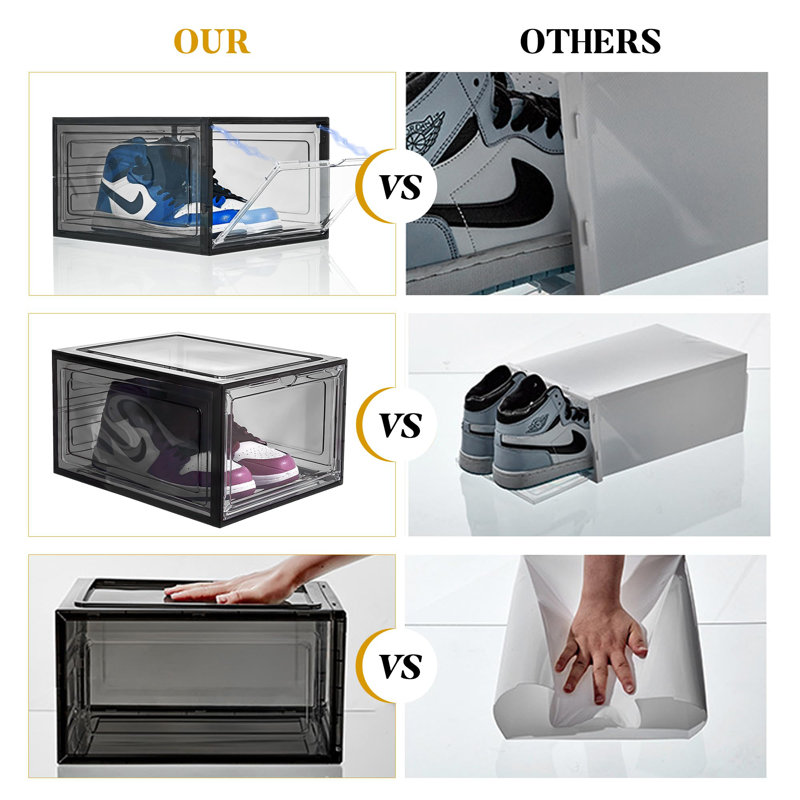 Upgrade Shoe Box Storage Containers,Thicken Sturdy Clear Stackable Plastic Shoe Organizer Box With Magnetic Door, Drop Front Shoe Box Sneakers X-Large,(Clear Black/12 Pack)