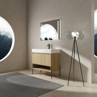 36" Bathroom Vanity With Resin Sink And Attractive Cabinet Finish - Oak Basin 2-Door Storage