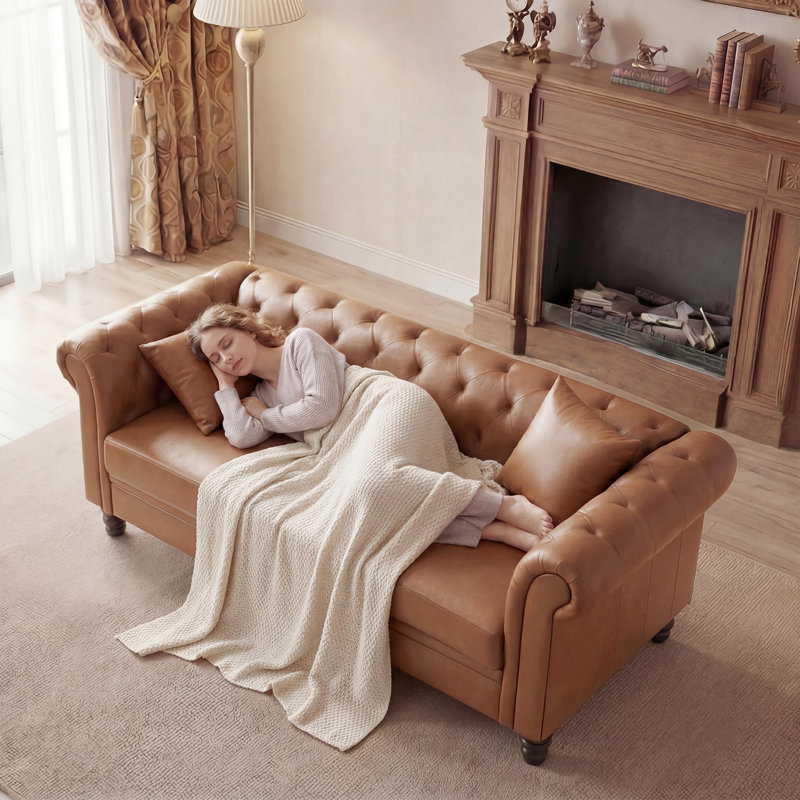 Fynlie 83.1" Wide 3-Seater Traditional Chesterfield Sofa Rolled Arm Faux Leather Couch with Tufted Back, Brown