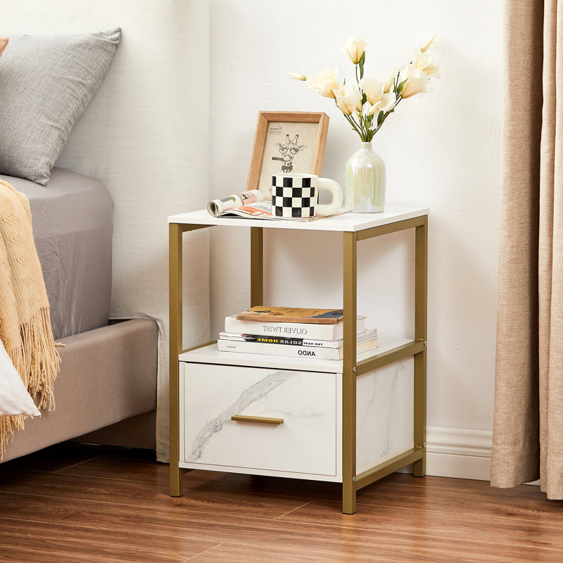 Kempst 1 - Drawer Iron Nightstand, Gold/White