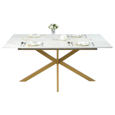 Extendable 62.99’’-78.74’’ Tanja Kitchen Table With Tanja Gold Faux Marble, Seats 4-8 People| Space-Saving | For Dining Room/ Kitchen/ Office