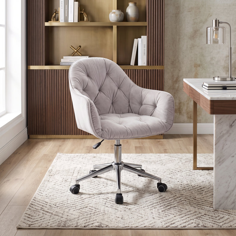 Liwia Velvet Upholstered Swivel & Adjustable-Height Task Chair with Chrome Metal Base, Gray