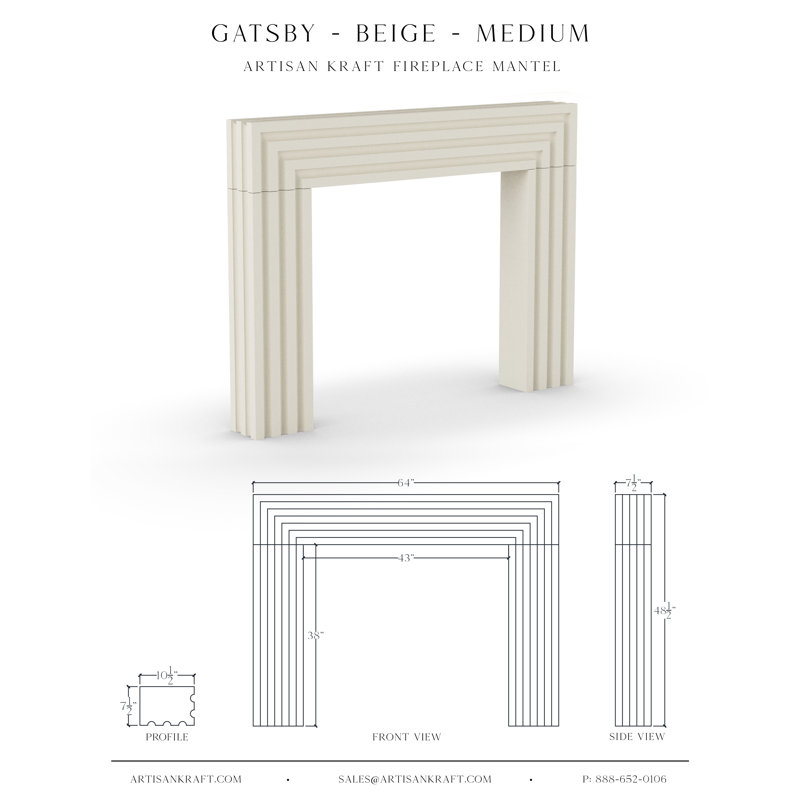 Cadre de cheminée en pierre coulée avec foyer standard Gatsby, Beige, 7,5 po x 64 po x 48,5 po