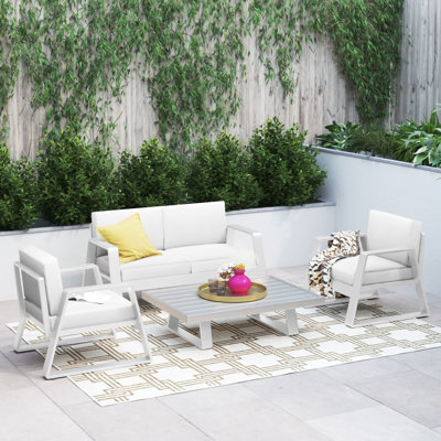 Harriet 4-Person Aluminum Outdoor Conversation Set with Cushions – Modern Curved Patio Seating Group with Rust-Free Frame & Comfort Cushions, White Powder Coated Aluminum, White Cushions