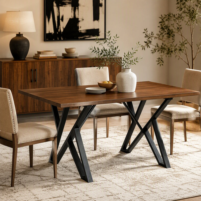 Table de salle à manger d'intérieur avec pieds en métal, noyer