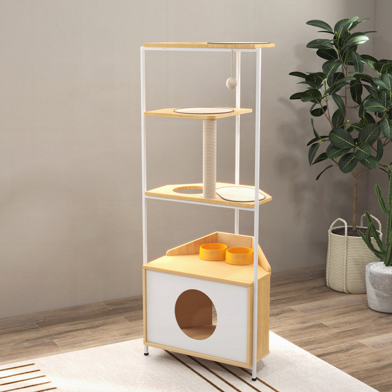 Corner Cat Tower, Cat Tree with Scratching Post, Cat Condo with Feeding Station and Climbing Platform