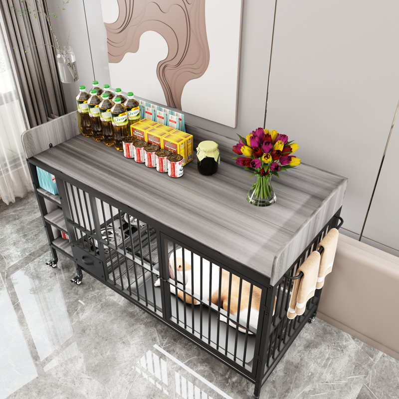 Grande cage pour animaux avec rouleau et cuve en fer de 57,72 po Profondeur, 23,73 de largeur, 34,01 de hauteur, noir + gris fumée sur roulettes: gris