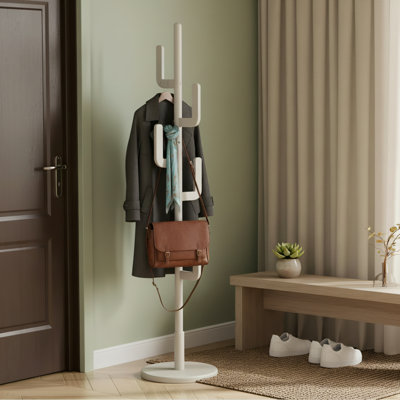 Portemanteau autoportant blanc en bois massif en forme de cactus avec 6 crochets en forme de L et 3 positions réglables. Convient à la chambre à coucher, au vestibule et au salon.