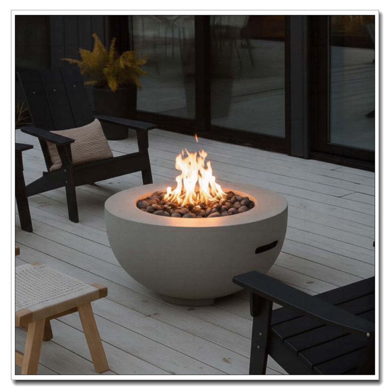 Outdoor Round Propane Fire Pit Table 28-inch,40,000 BTU Fire Pit Bowl,Light Concrete Propane Fire Pit with Free Lava Rocks,Rain Cover and Burner Lid