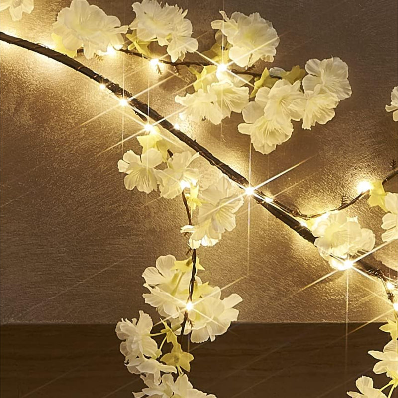 Cherry Blossom 96 LED Fairy Lights 6FT Garland, White, Battery Operated With Timer For Indoor/Outdoor Décor