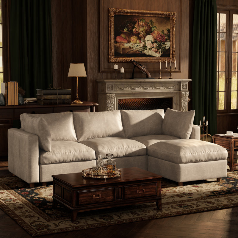 99" Leather Upholstered Sectional Sofa with Hidden Storage, BEIGE, 3Seaters-L