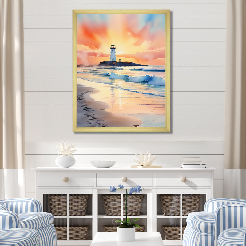 Coucher de soleil sur la plage 1 - Art mural plage, H 20 po x l 12 po x P 1 po, Encadrement doré