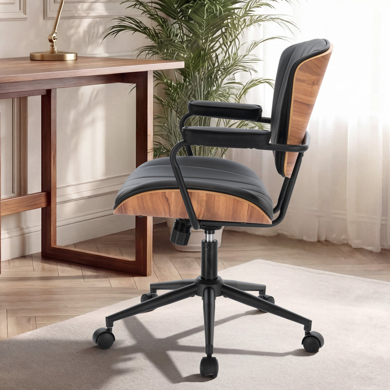 Pu Leather With Modern Walnut Drafting Office Chairs, Black