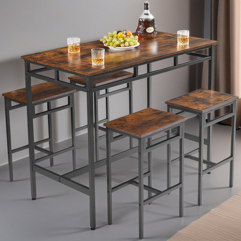 Ensemble de table de bar 5 pièces avec tabourets hauts, renforcement structurel, style industriel