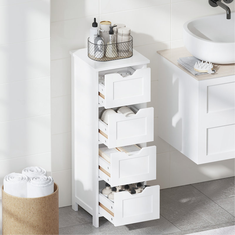 Bathroom Floor Cabinet with 4 Drawers, Freestanding Wooden Storage Organizer for Bathroom, Hallway or Living Room, Narrow White Side Cabinet with Space-Saving Vertical Design, White