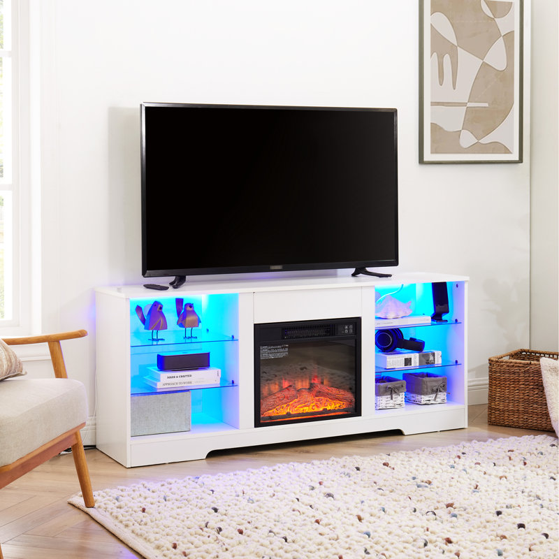 White Tv Cabinet With Electric Fireplace, 58''w*15.5''d*24.4''h, For 32 - 62" Tvs, Touch Screen Operated Storage Shelves Modern Fireplace Stand 58''w: Finish, Flame Color Change Function