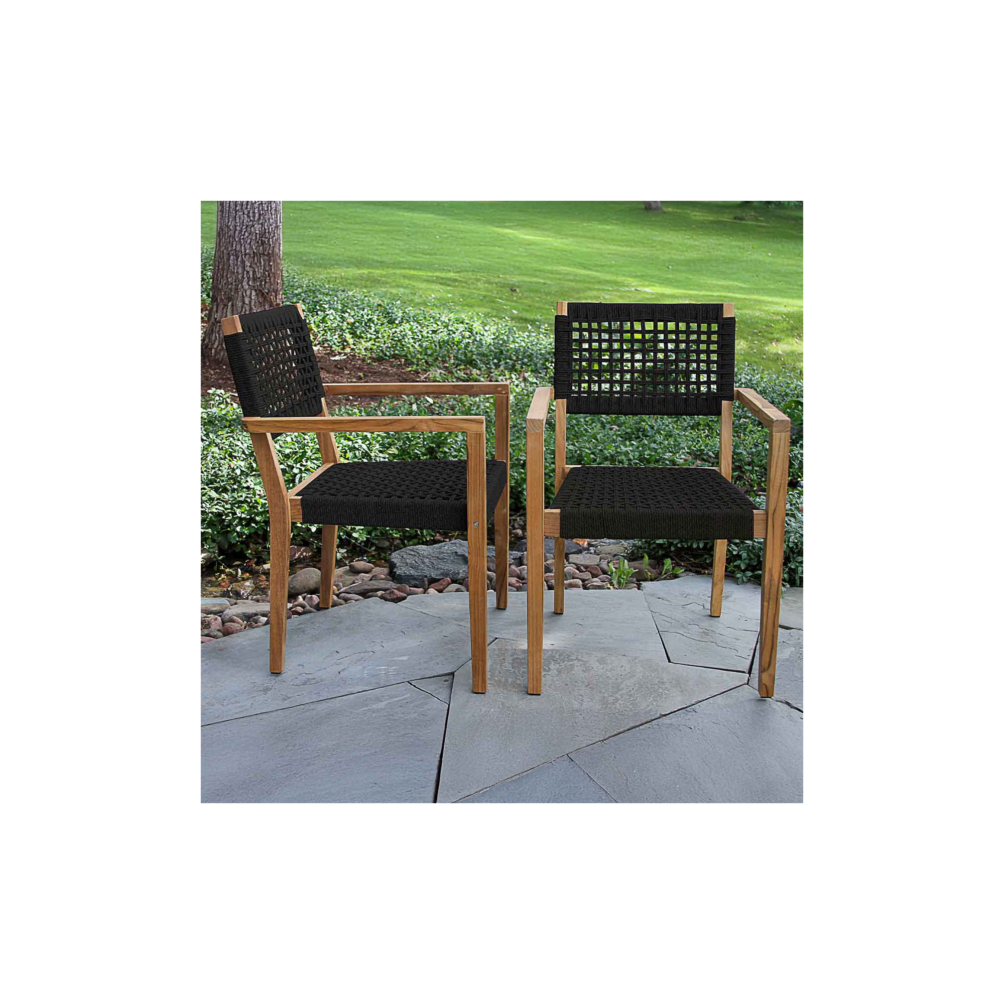 Cava 7 Pc. Round Teak & Stone Dining Table With Nautical Rope Armchairs, Black/Natural, Gray