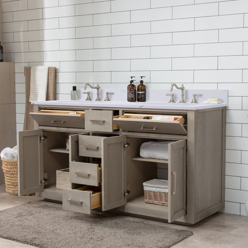 Ensemble de meuble-lavabo double autoportant 60 po avec plateau en pierre artificielle Arrthor, Chêne gris antique, 60"