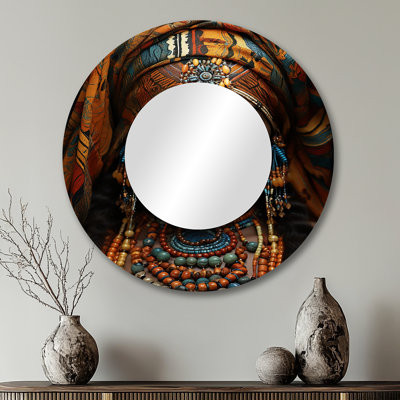 African Adorned Beauty III - African Art Wall Mirror, Turquoise Round Decorative Mirror, Printed Metal Art