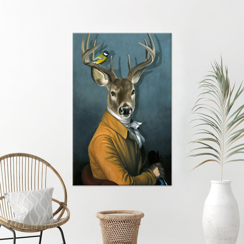 Élégante œuvre d'art sur toile, cerf et oiseaux, 39,4 po de hauteur x 27,6 po de largeur
