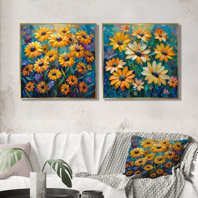Jaune, noir, vibrant, symphonie, marguerites I - marguerites, art mural - art mural traditionnel, toile 2 pièces