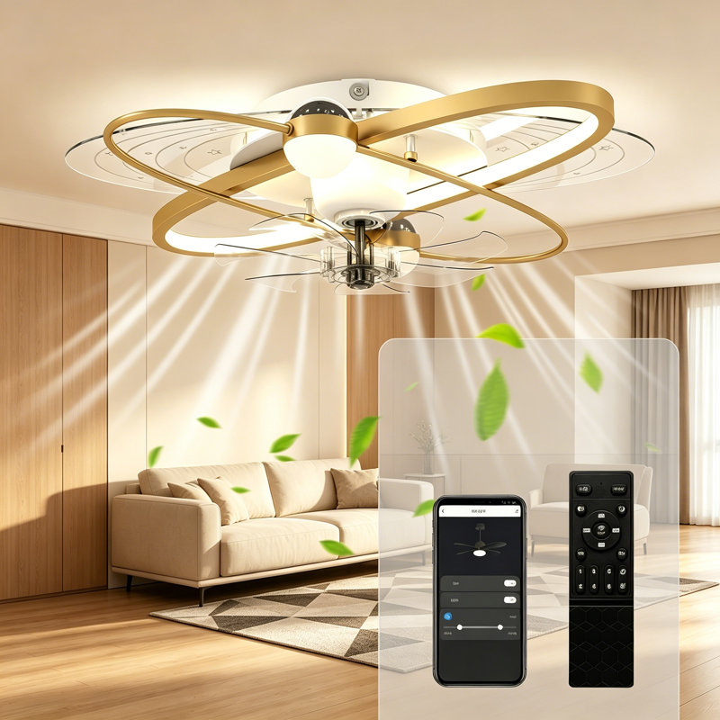 Gold Finish LED Ceiling Fan with Remote Control, 3 Colour Temperature Settings, Ideal for Bedroom Use
