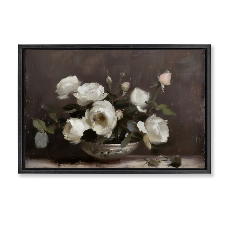 Nature morte traditionnelle rose, Cadre flottant noir de jais, H 17 po x l 25 po