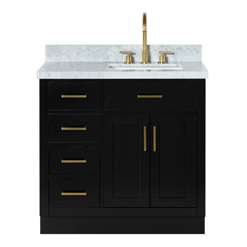 ARIEL HEPBURN 37 IN RIGHT OFFSET RECTANGULAR SINK VANITY 1,5 IN, Black/Brass, Right, Rectangular