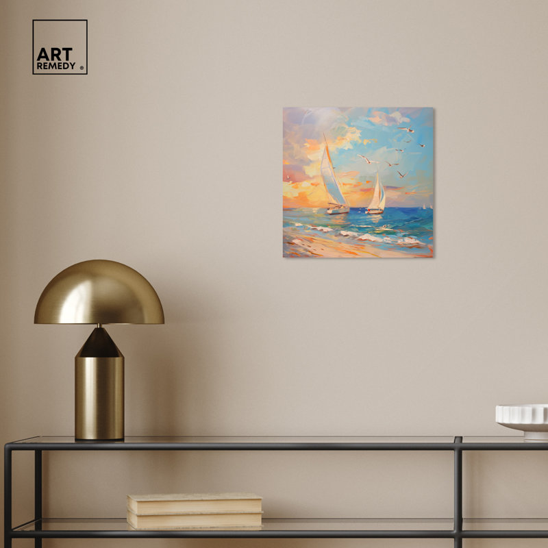 Sailboats in the Sunset Coastal 12" x 12" Canvas Wall Art