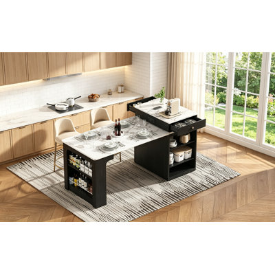 Extendable Kitchen Island with Dining Table, Double-sided Storage, and Built-in Charging Station for Modern Kitchens and Dining Rooms