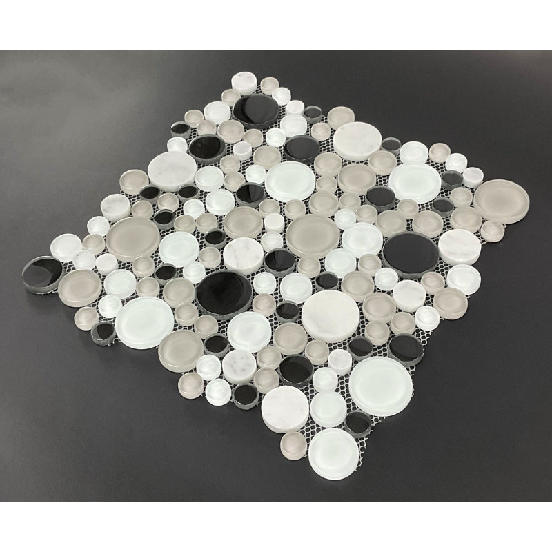 12.5" x 12.5" Glass Random Mosaic Wall & Floor Tile, White Carrara/Black/Gray/White