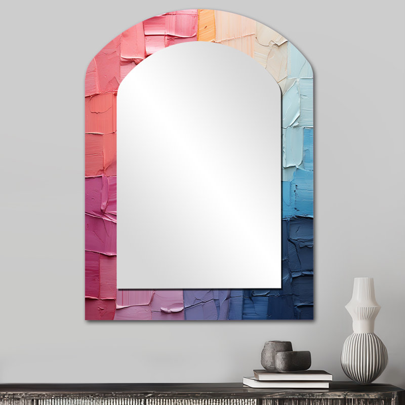 Abstrait patchwork III - miroir décoratif asymétrique à collages abstraits, miroir mural arqué moderne, impression d'art en métal