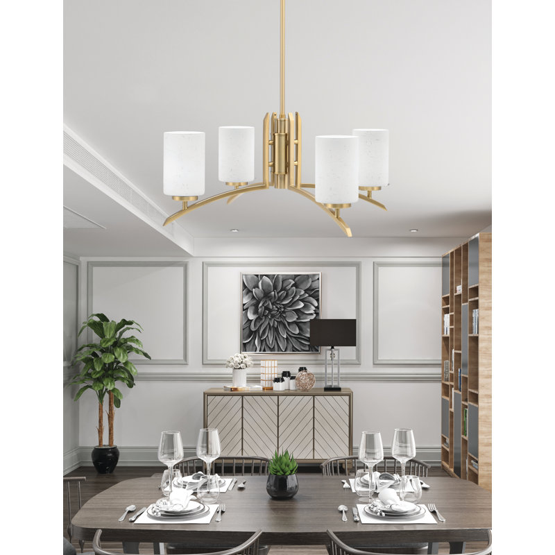 Lustre lumineux en verre mousseline de 4 po Kurve, H 58,25 po x l 26 po x P 26 po, 4, Laiton New Age