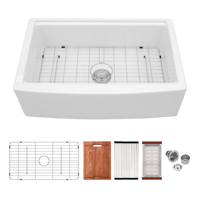 30"L x 20"W Ceramic Workstation Kitchen Sink Single Basin Farmhouse Apron Sink with Bottom Grid