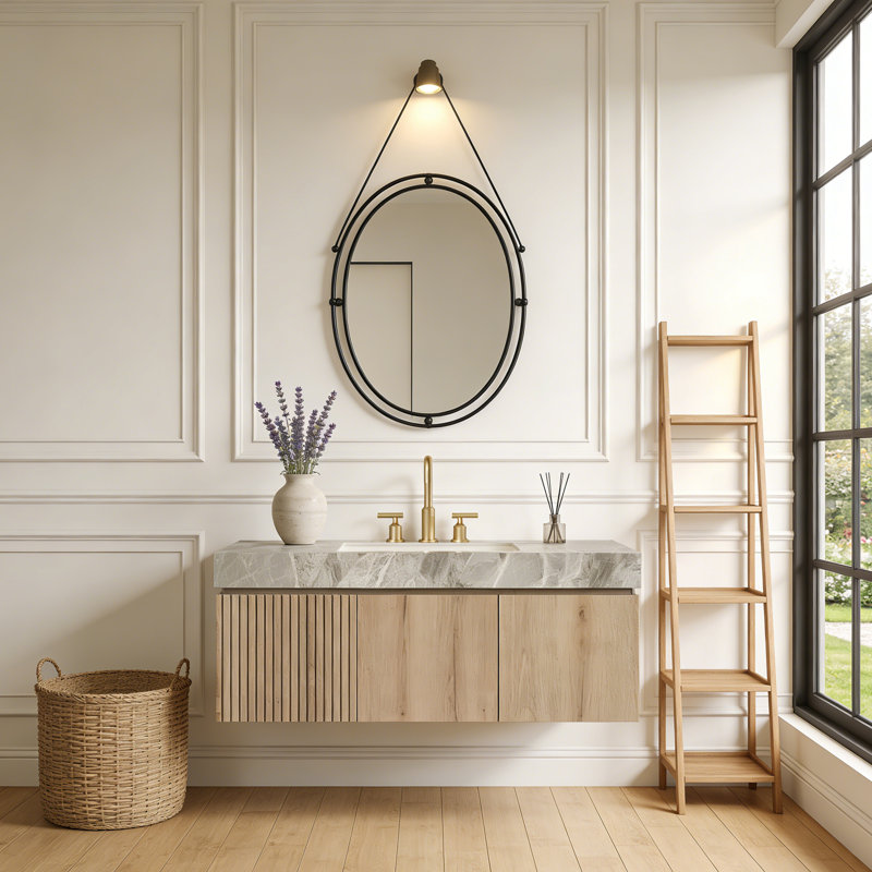 Meuble-lavabo flottant avec espace de rangement multifonctionnel et 3 trous de robinet pré-percés, Chêne blanc