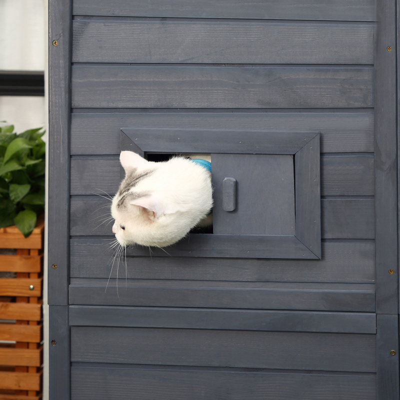 Gray Wooden Outdoor Cat House with Platforms and Ramps