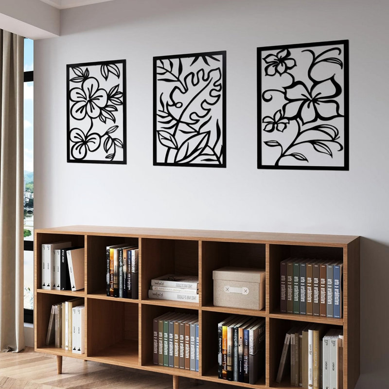 Three Piece Wall Decor With Floral Hollow Out Abstract Design, Black Rectangular Metal Frame, Crafted, 3D Visual Effect Cutting, 0.08 Inch Thickness, Pre - Fitted Holes For Easy Hanging, Ideal Home