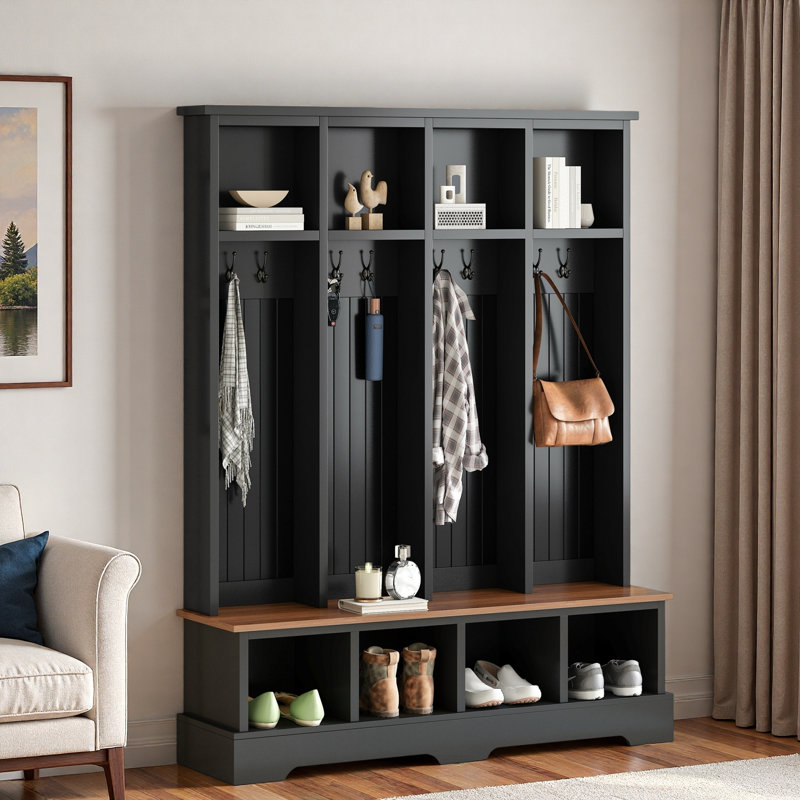 Farmhouse Wide Hall Tree With 8 Hooks, Bench And Open Compartments, Black