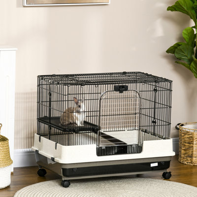 26" Small Animal Cage With Portable Rolling Wheels - 2-Level Rabbit Cage. For Ferrets, Chinchillas. Removable Tray, Platform, Ramp. Stable Construction, Ventilated Chinchilla Tray And Platform. Metal