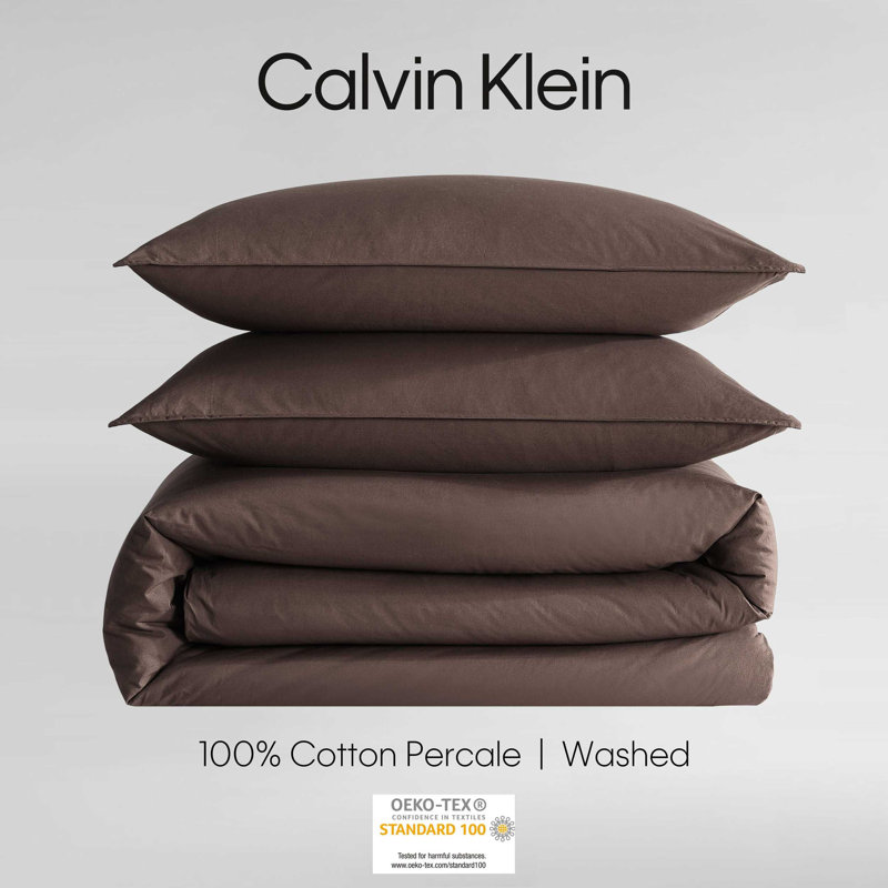 Calvin Klein Washed Percale Solid Cotton Duvet Cover Set, King Duvet Cover + 2 King Shams, Earth Brown