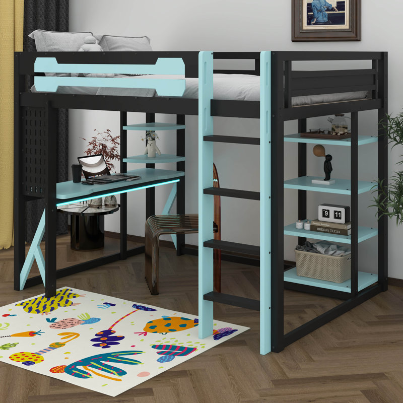 Wood Gaming Loft Bed With Desk & RGB Light, Full Size Loft Bed With USB Port, Power Outlet, Hanging Board, Ladder & Guardrails