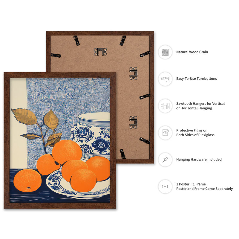 Oranges et vase bleu, Affiche, H 16 po x l 20 po, Encadrement brun