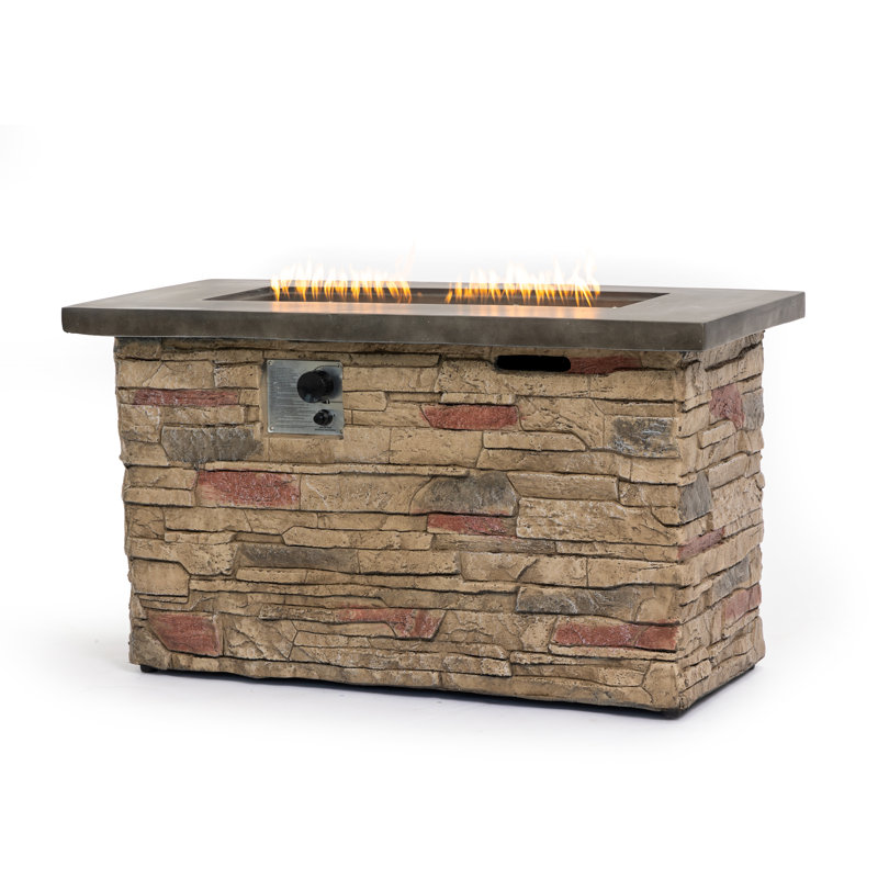 Premium Rectangular Outdoor Fire Pit Table – 24'' H x 42'' W, 60,000 BTU, Faux Stone & Concrete Top, Hideaway Tank
