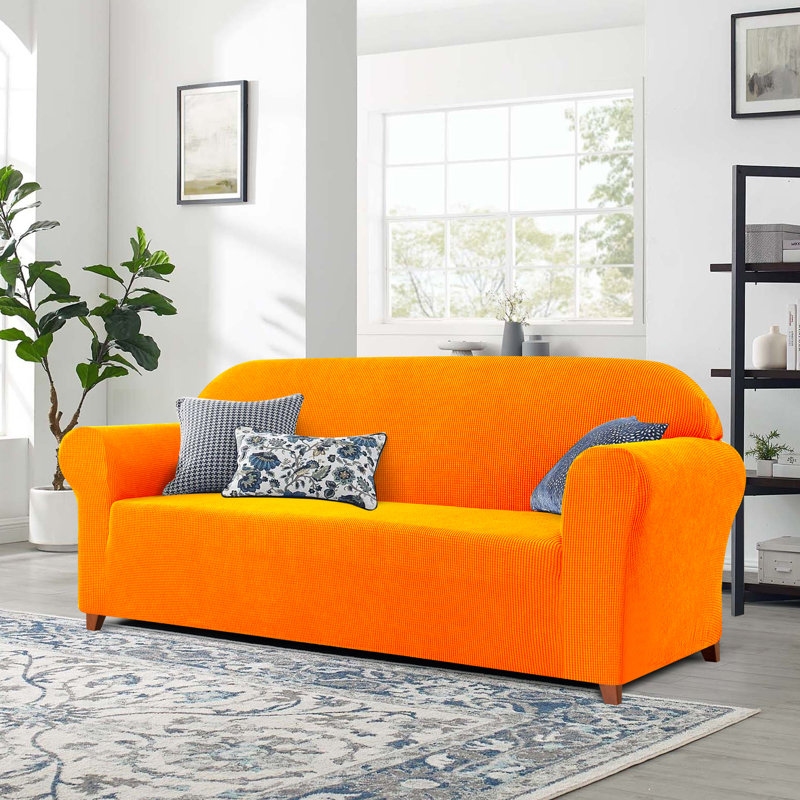 Soft Spandex Stretch Box Cushion Sofa Slipcover, Orange, 105cm H x 300cm W x 107cm D