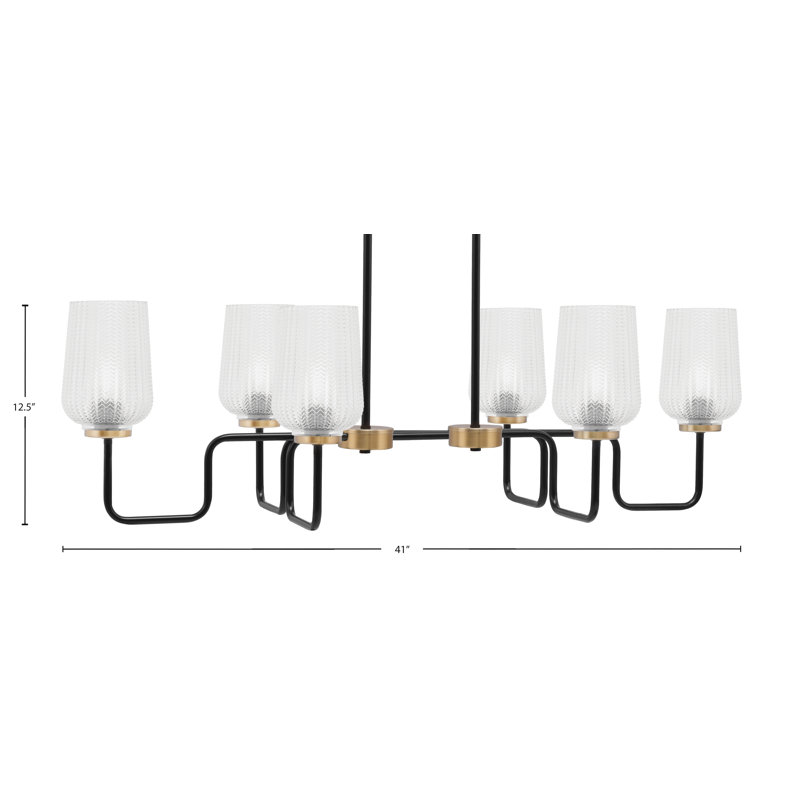 Luminaire îlot 6 lumières Amarmula, noir mat et laiton vieilli, verre texturé transparent 5 po, Clair, Noir/laiton