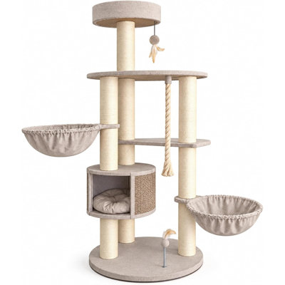 Arbre à chat 65 po avec deux hamacs et condo - Tour à plusieurs niveaux avec poteaux à griffer en sisal, perchoirs rembourrés et lit rond