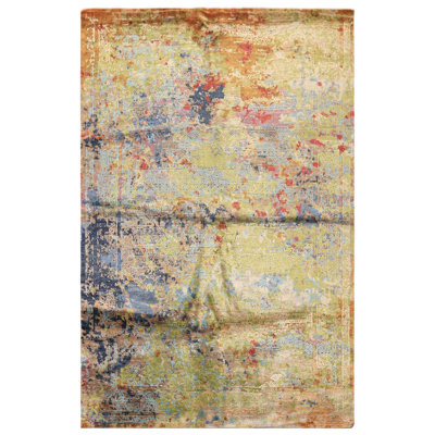 Tapis de transition en soie de bambou, 175 cm x 269 cm, vert lime et marine, noué à la main