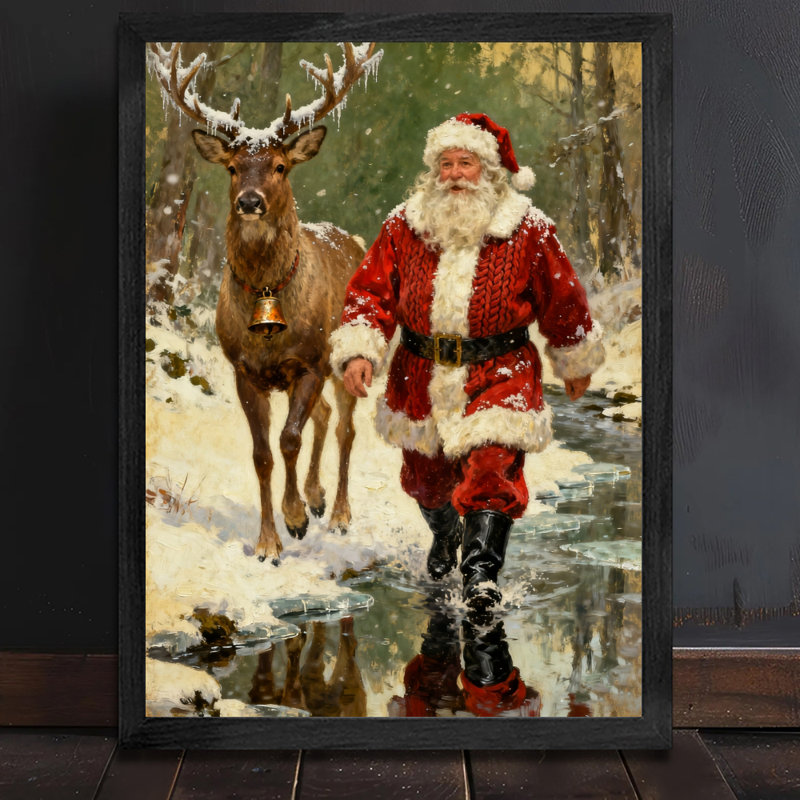 Père Noël rétro noir encadré avec art mural de style rétro, H 11 po x l 9 po
