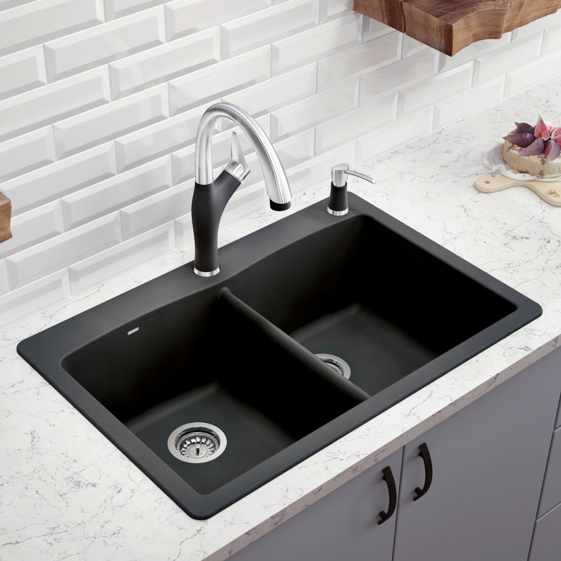 Diamond SILGRANIT 33" L x 22" W Double Bowl Drop-In/Undermount Kitchen Sink, Volcano Gray