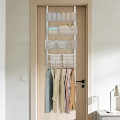 Over The Door Clothes Hanging Rod With 3 Tier Mesh Baskets, Metal Over The Door Hanger For Coat, Clothes Drying Rack For Door For Laundry Bathroom Bedroom Office